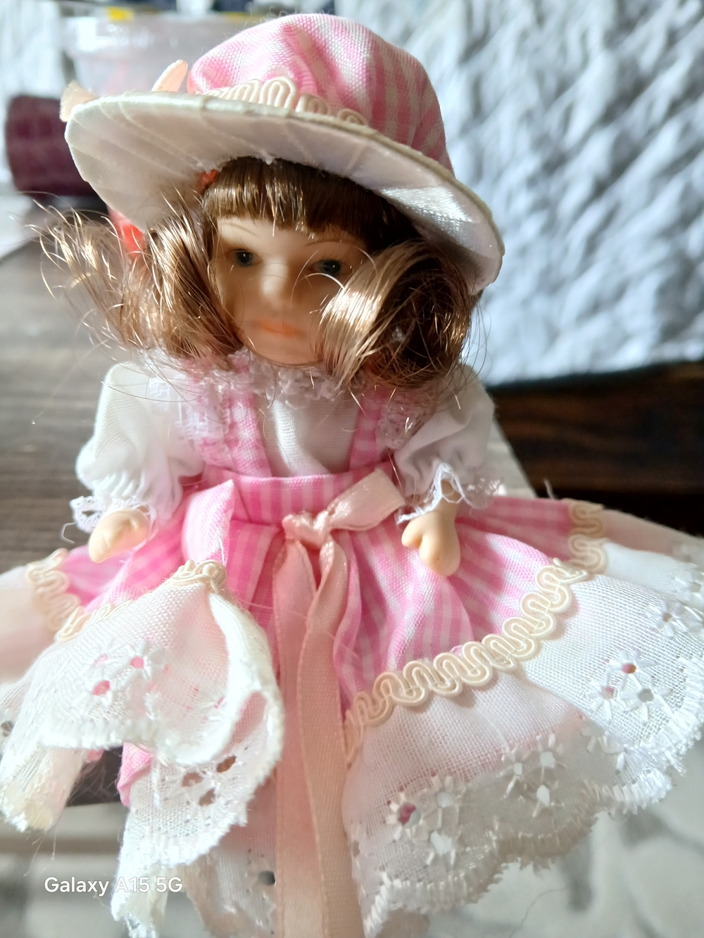 cameo Pink & White Striped Porcelain Doll with Hat